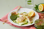 Grilled white fish with zucchini and kale pesto